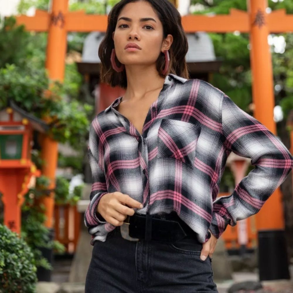 Rails Hunter Black Taffy Flannel Plaid Button Down Shirt Pink S Grunge 90s Vibes